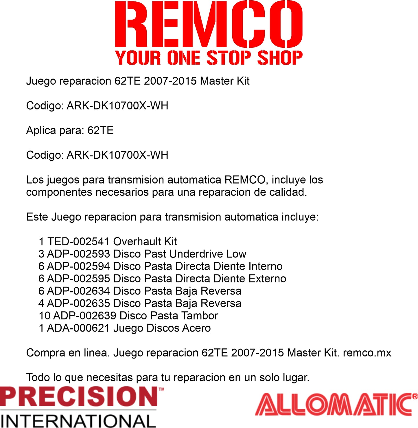 Juego reparacion 62TE 2007-2015 Master Kit
