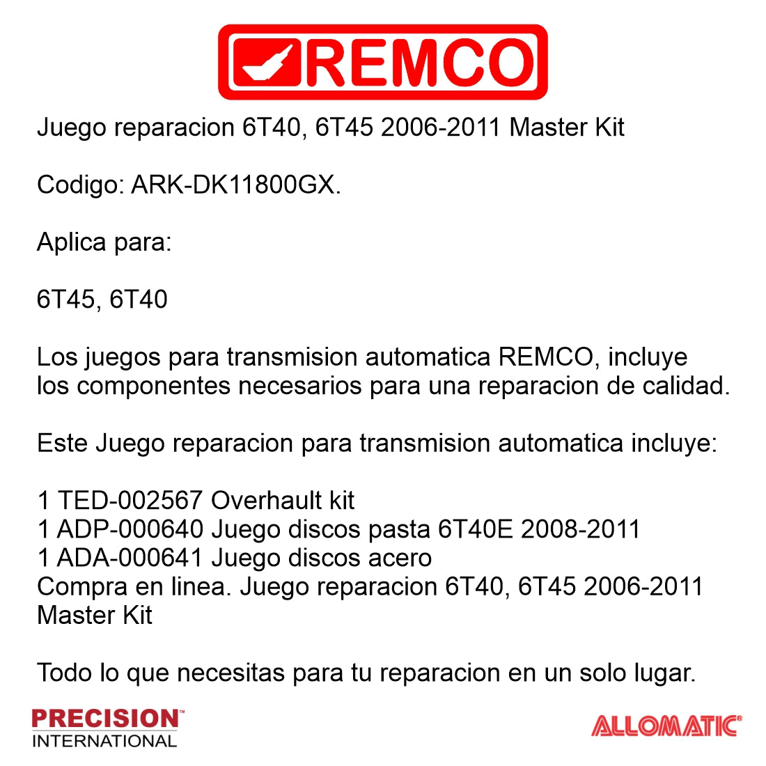 Juego reparacion 6T40 6t45 2008-2011 Master Kit