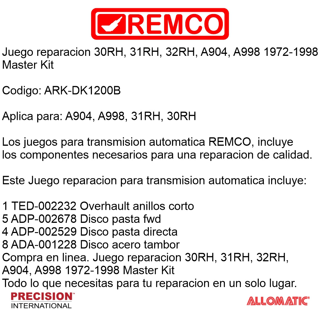 Juego reparacion A904 TF6 1972-1998 Master Kit
