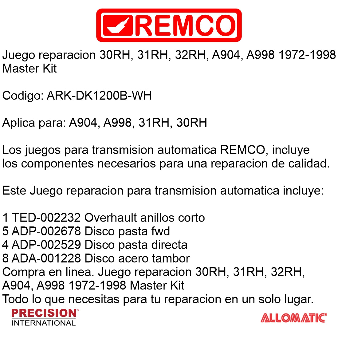 Juego reparacion A904 TF6 1972-1998 Master Kit