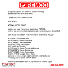 Juego reparacion con pistones banda reversa y discos acero 4R75W 1996-2002