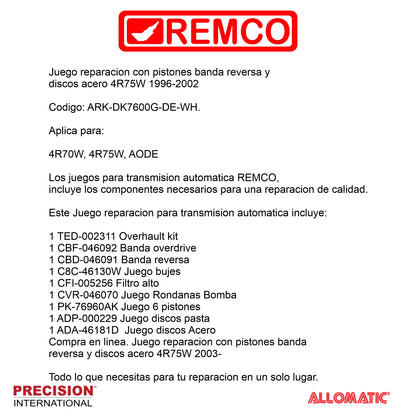 Juego reparacion con pistones banda reversa y discos acero 4R75W 1996-2002