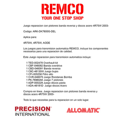 Juego reparacion con pistones banda reversa y discos acero 4R75W 2003-