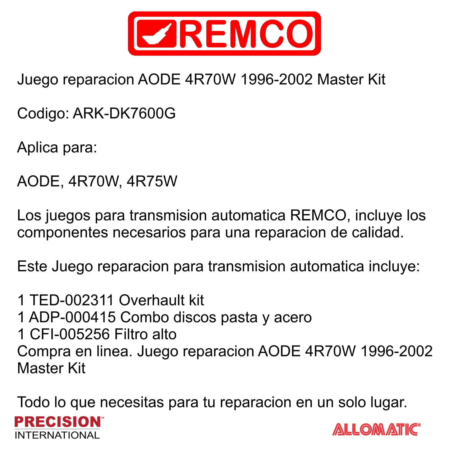 Juego reparacion AODE 4R70W 1996-2002 Master Kit