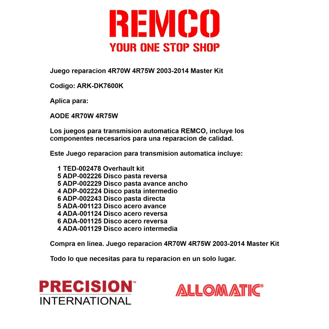 Juego reparacion 4R70W 4R75W 2003-2014 Master Kit