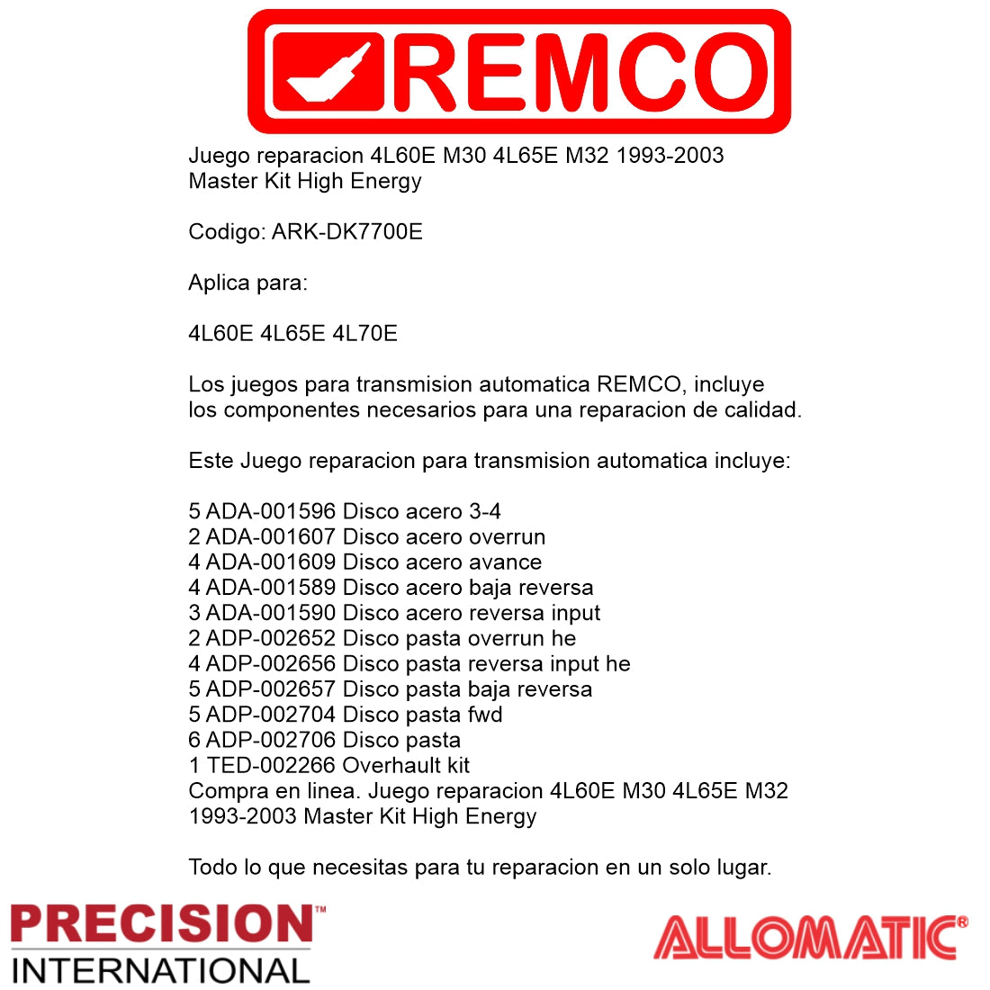 Juego reparacion 4L60E M30 4L65E M32 1993-2003 Master Kit High Energy