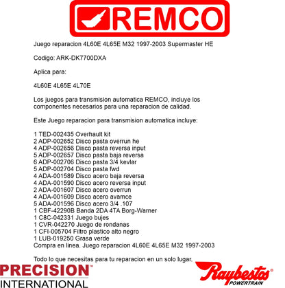 Juego reparacion Chevrolet 4L60E 1997-2003 Master Raybestos con pistones