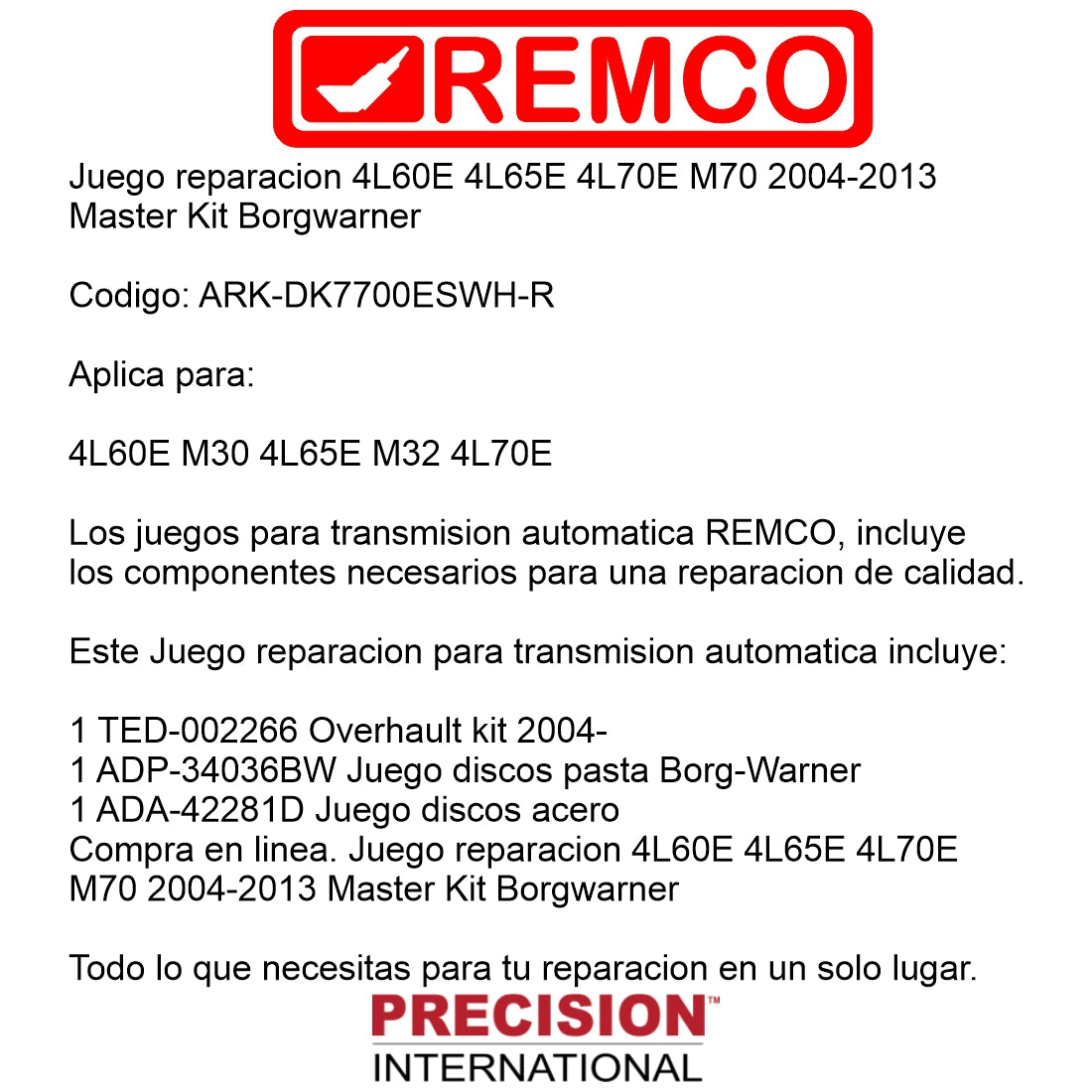 Juego reparacion 4L60E 4L65E 4L70E M70 2004-2013 Master Kit Borgwarner