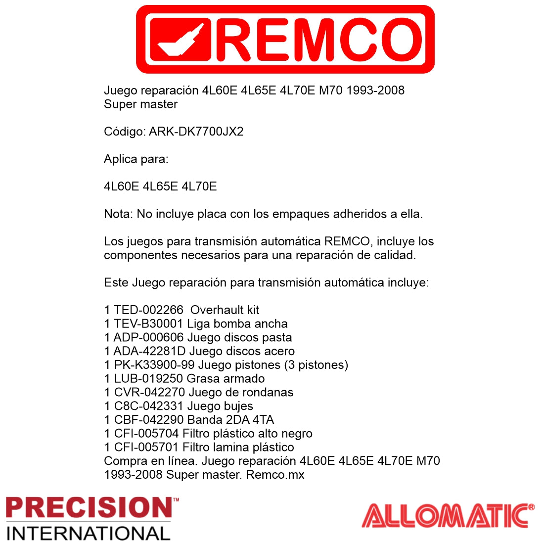 Juego reparacion 4L60E 4L65E 4L70E M70 1993-2008 Super master