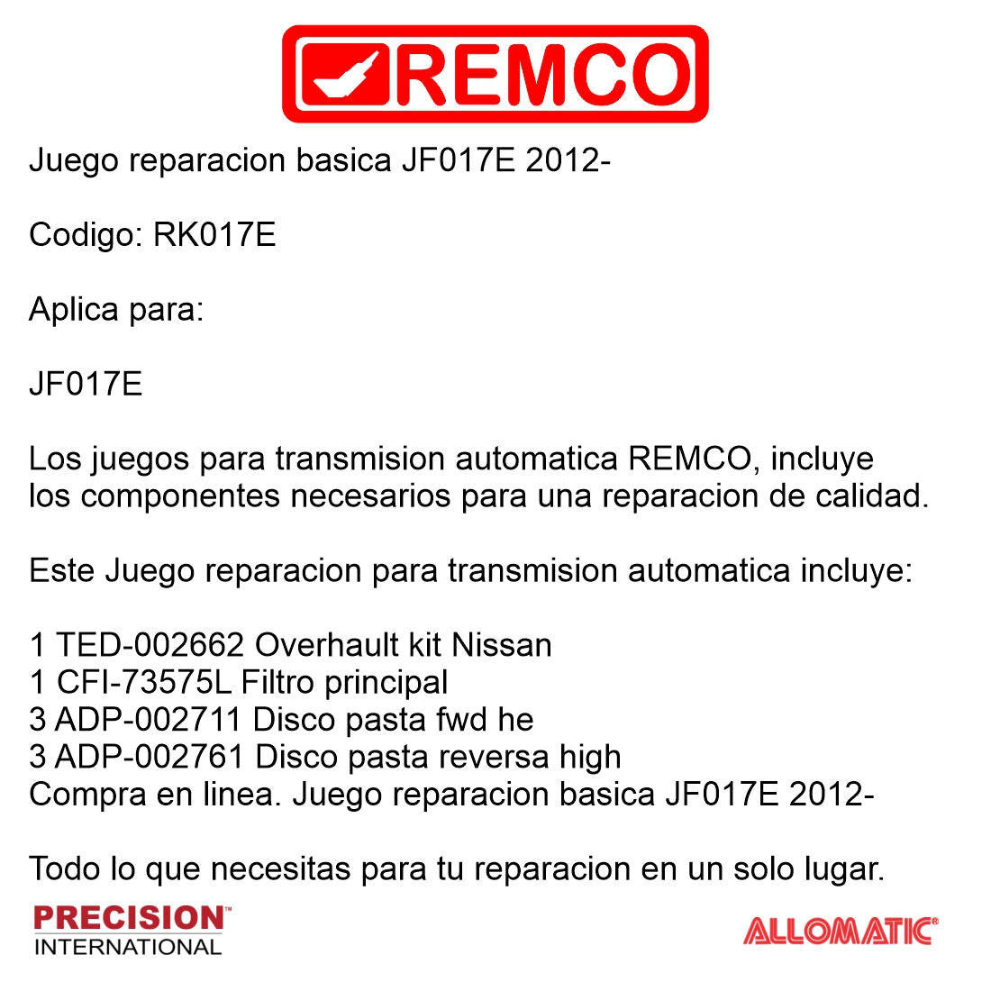 Juego reparacion basica JF017E 2012-