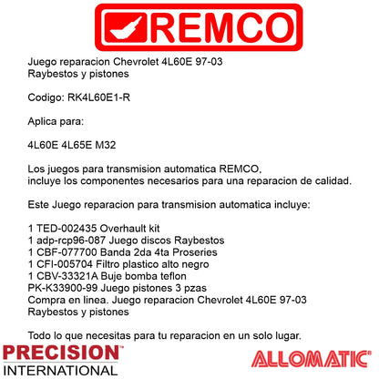 Juego reparacion Chevrolet 4L60E 97-03 Raybestos y pistones