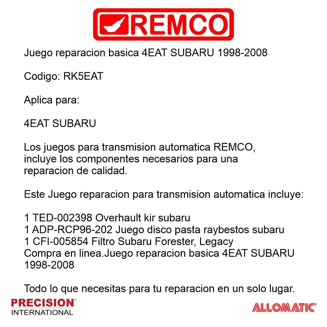 Juego reparacion basica 4EAT SUBARU 1998-2008