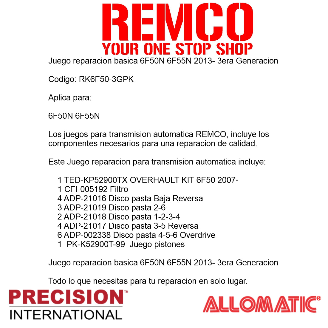 Juego reparacion basica 6F50N 6F55N 2013- 3era Generacion