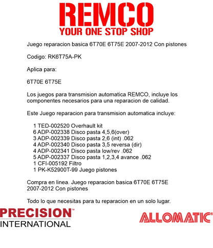 Juego reparacion basica 6T70E 6T75E 2007-2012 Con pistones