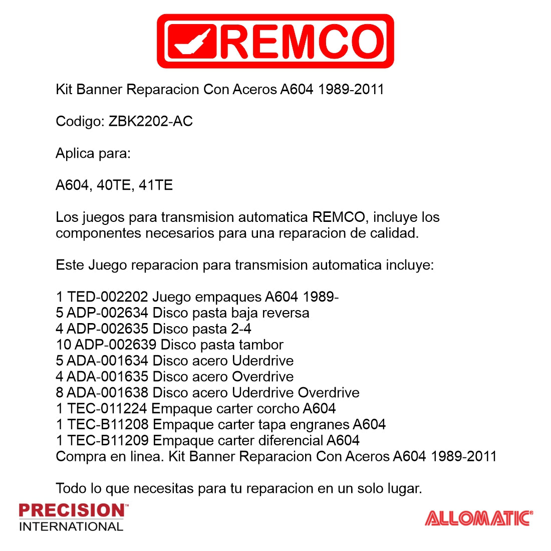 Kit Banner Reparacion Con Aceros A604 1989-2011
