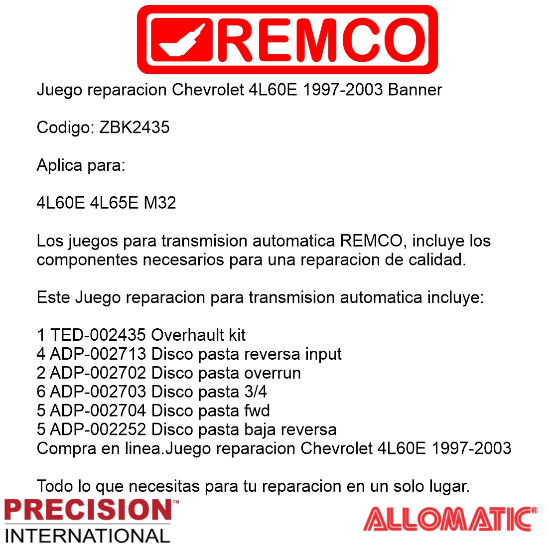 Juego reparacion Chevrolet 4L60E 1997-2003 Banner