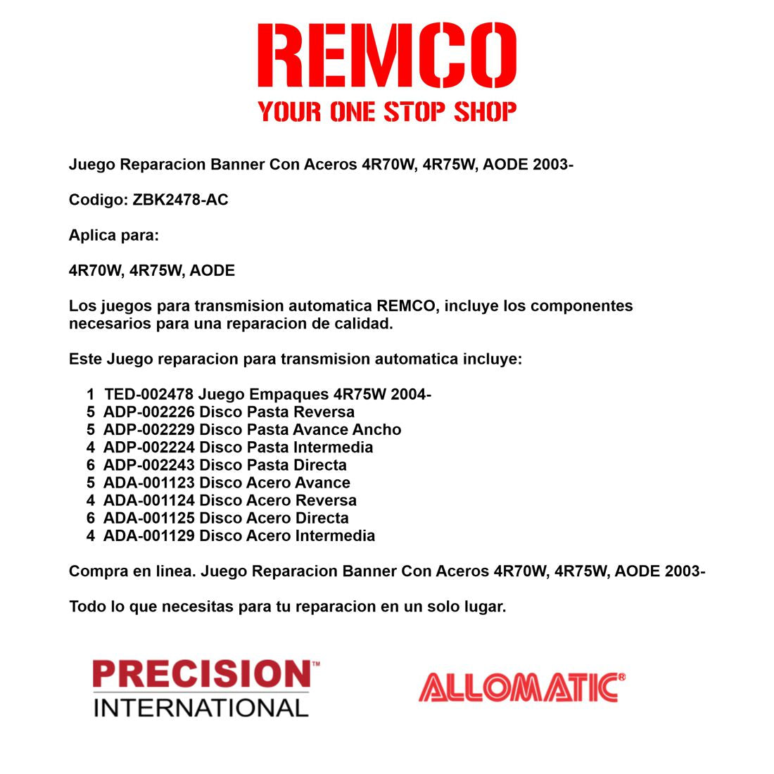 Juego Reparacion Banner Con Aceros 4R70W 4R75W AODE 2003-