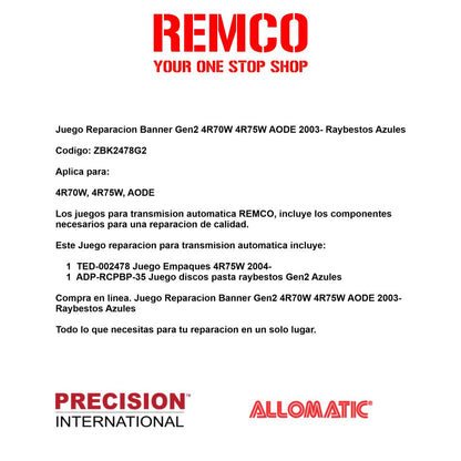 Juego Reparacion Banner Gen2 4R70W 4R75W AODE 2003- Raybestos Azules