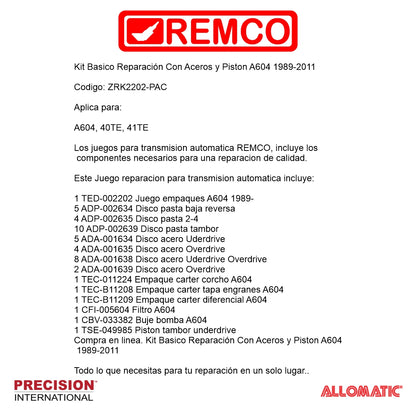 Kit Basico Reparacion Con Aceros y Piston A604 1989-2011