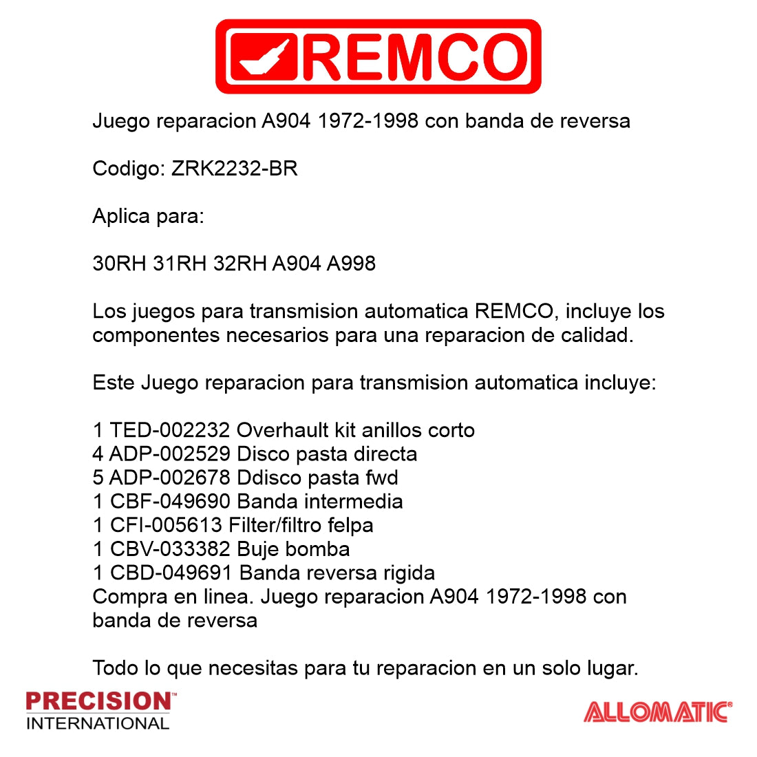 Juego reparacion A904 1972-1998 con banda reversa