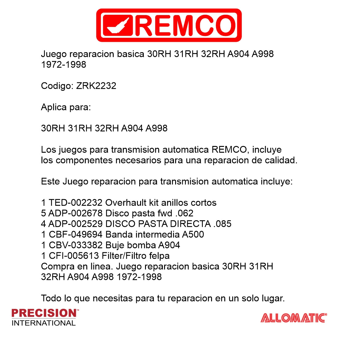 Juego reparacion A904 1972-1998