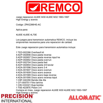 Juego reparacion 4L60E M30 4L65E M32 1993-1997 Basico High Energy y aceros