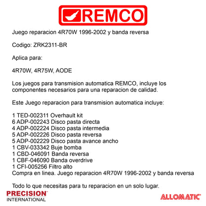 Juego reparacion 4R70W 1996-2002 y banda reversa