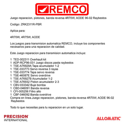 Juego reparacion pistones banda reversa 4R70W AODE 96-02 Raybestos