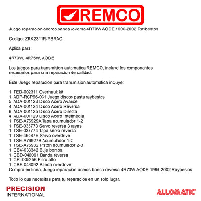 Juego reparacion pistones banda reversa aceros 4R70W AODE 96-02 Raybestos
