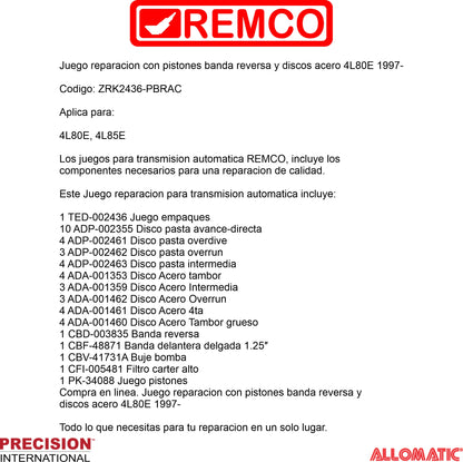 Juego reparacion con pistones banda reversa y discos acero 4L80E 1997-