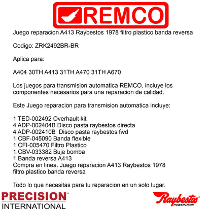 Juego reparacion A413 Raybestos 1978 filtro plastico banda reversa