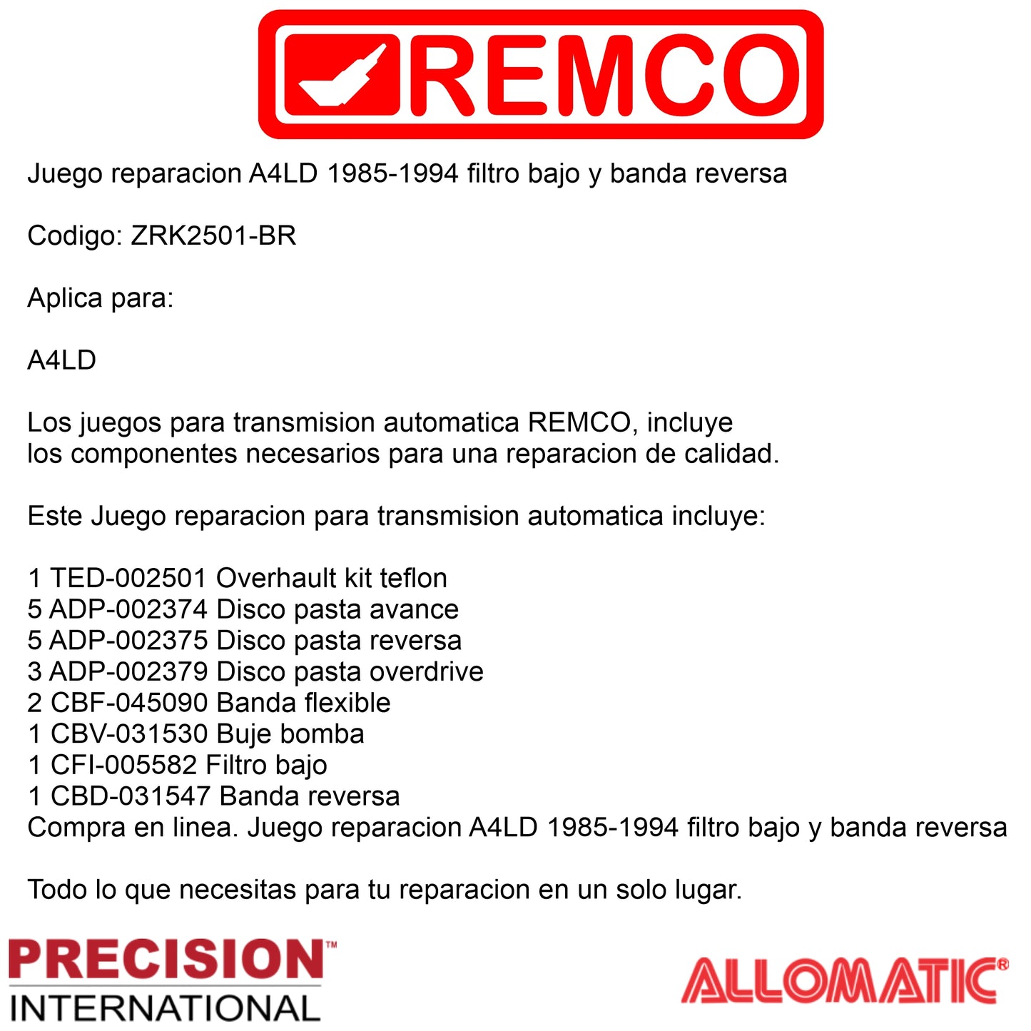 Juego reparacion A4LD 1985-1994 filtro bajo y banda reversa