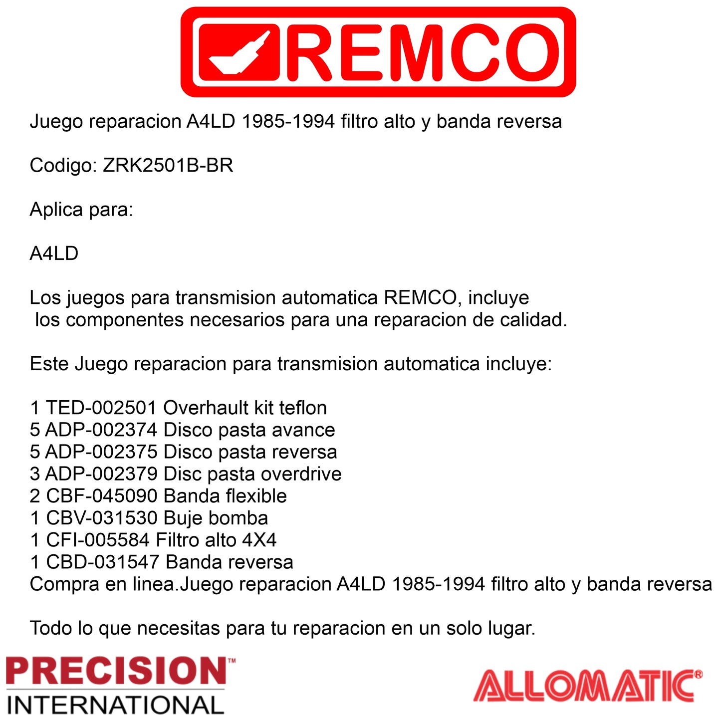 Juego reparacion A4LD 1985-1994 filtro alto y banda reversa