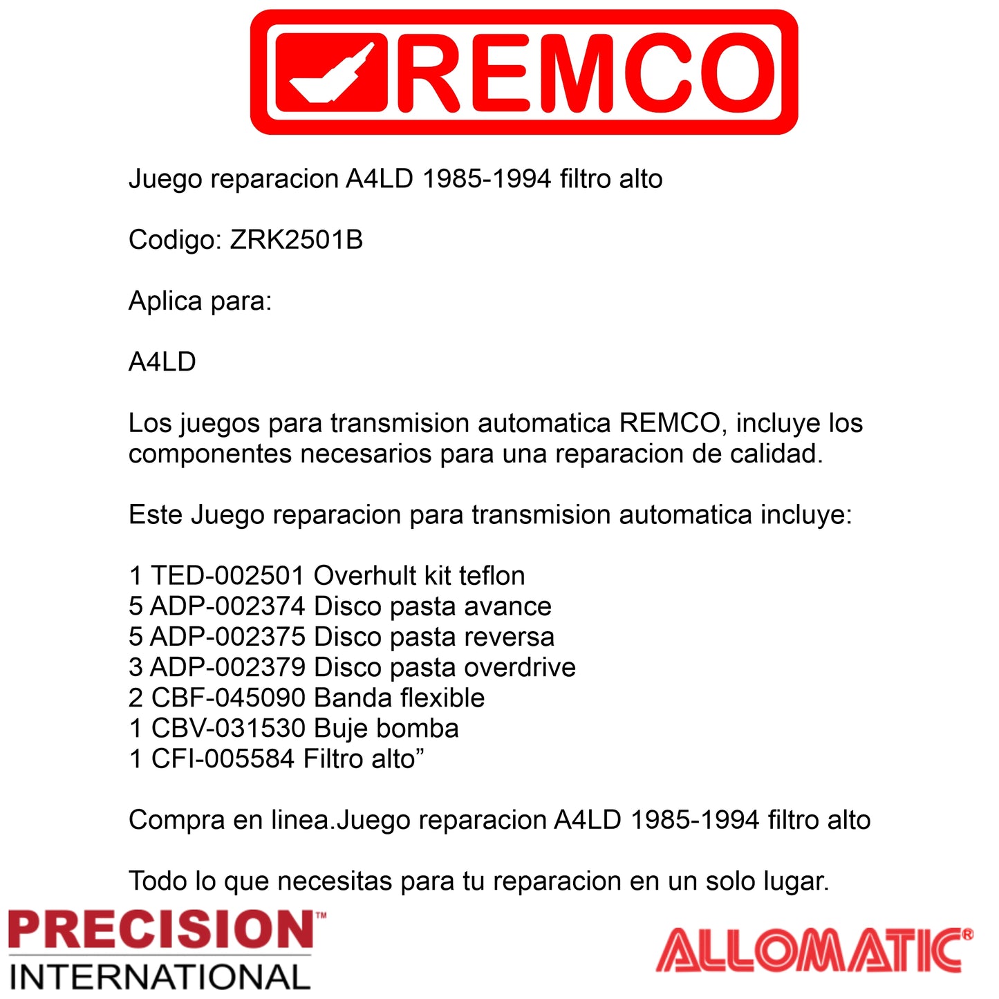 Juego reparacion A4LD 1985-1994 filtro alto