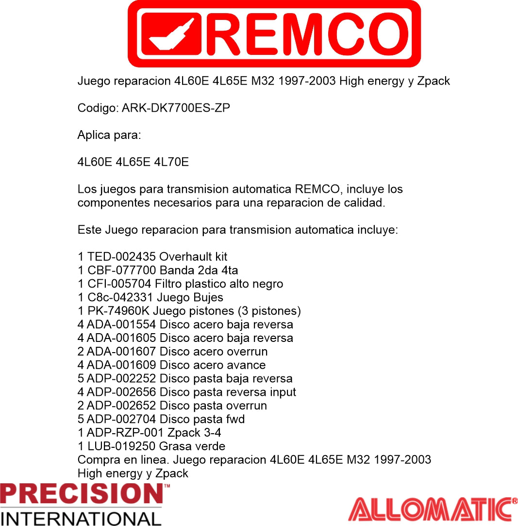 Juego reparacion 4L60E 4L65E M32 1997-2003 High energy y Zpack