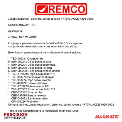 Juego reparacion pistones banda reversa 4R70W AODE 1996-2002