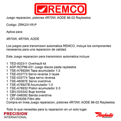 Juego reparacion con pistones banda reversa y discos acero 4R75W 1996-2002