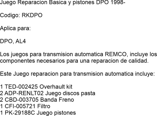 Juego Reparacion Basica y pistones DPO 1998-